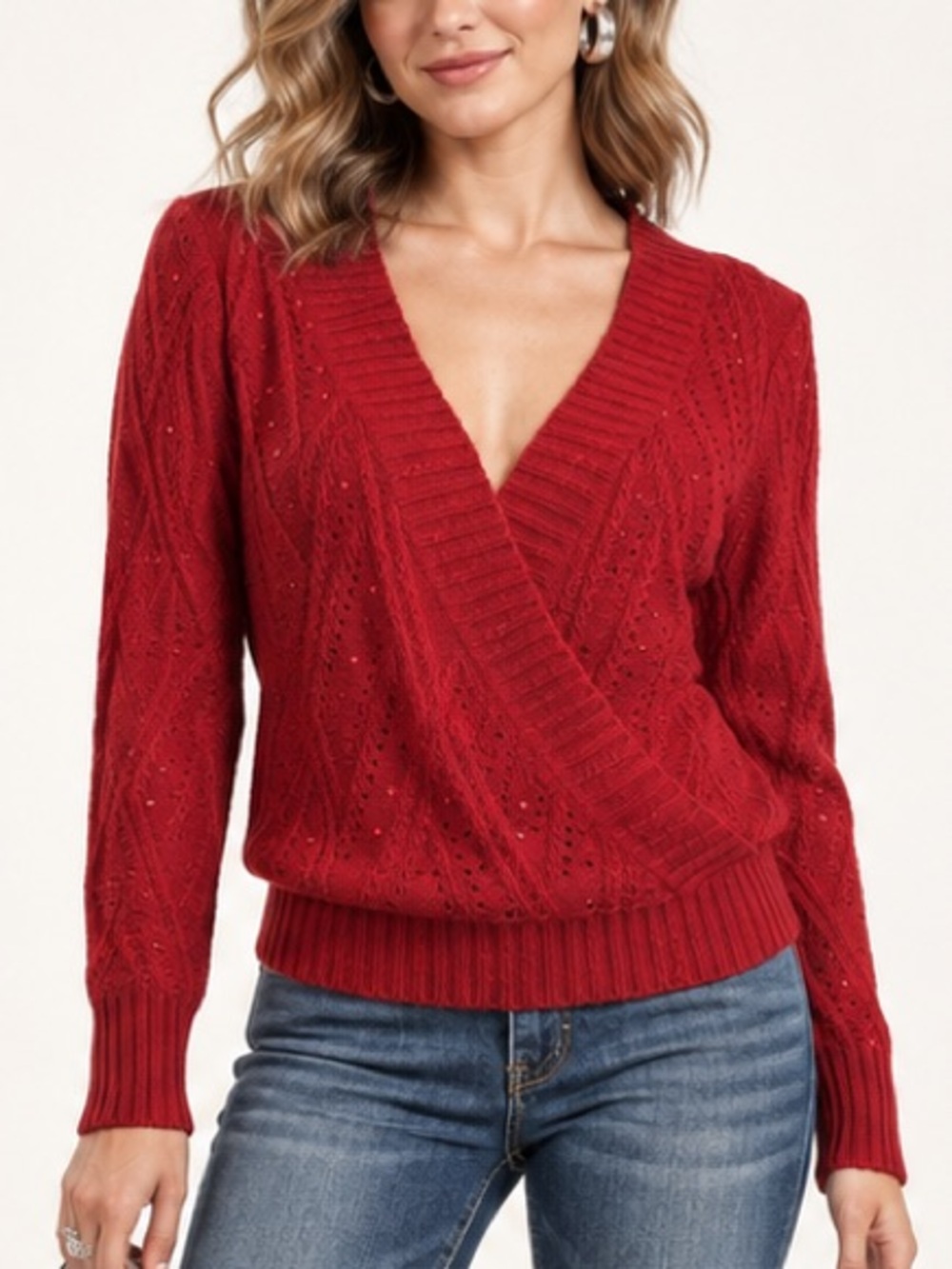 Christopher & Banks Dark Red Sequin Sweater Cable Knit Faux Wrap Large